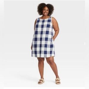 Ava & Viv Navy Linen Rayon Gingham Trapeze Dress with Pockets Size 1X